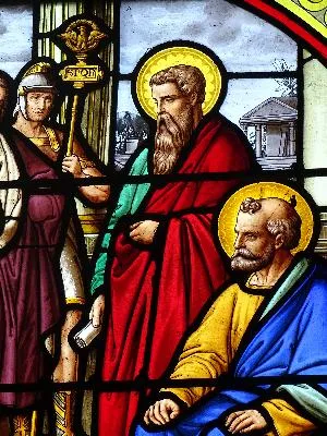 Vitrail Baie 5 : Condamnation à mort de St-Pierre et St-Paul par Néron dans l'Église Saint-Pierre de Saint-Pierre-Église