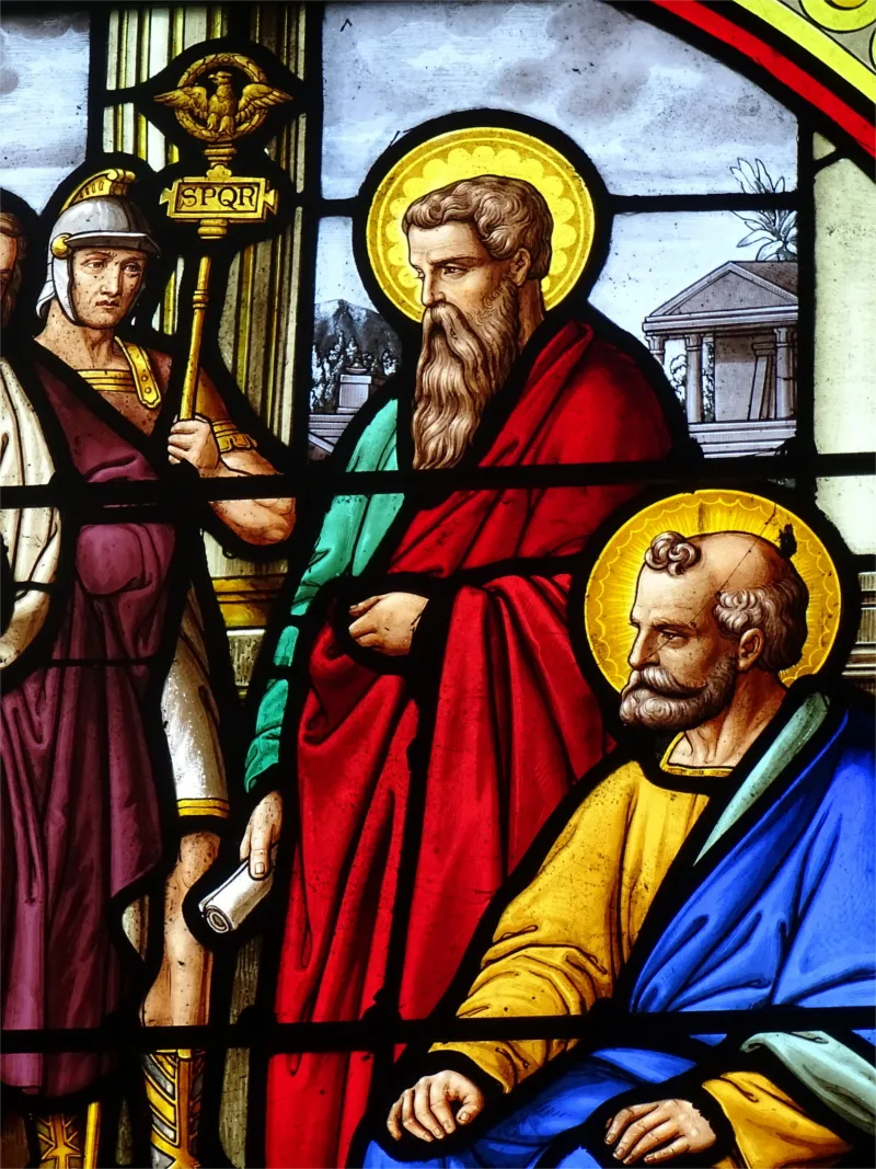 Vitrail Baie 5 : Condamnation à mort de St-Pierre et St-Paul par Néron dans l'Église Saint-Pierre de Saint-Pierre-Église