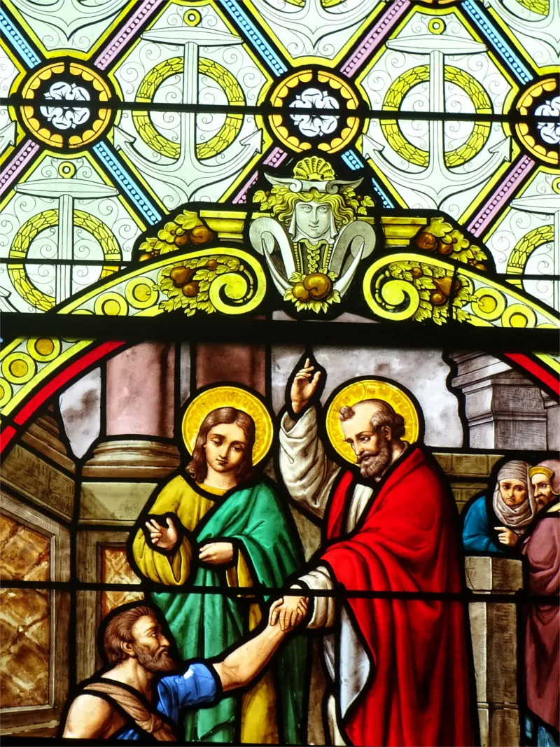 Vitrail Baie 12 : Miracle de la Belle Porte dans l'Église Saint-Pierre de Saint-Pierre-Église