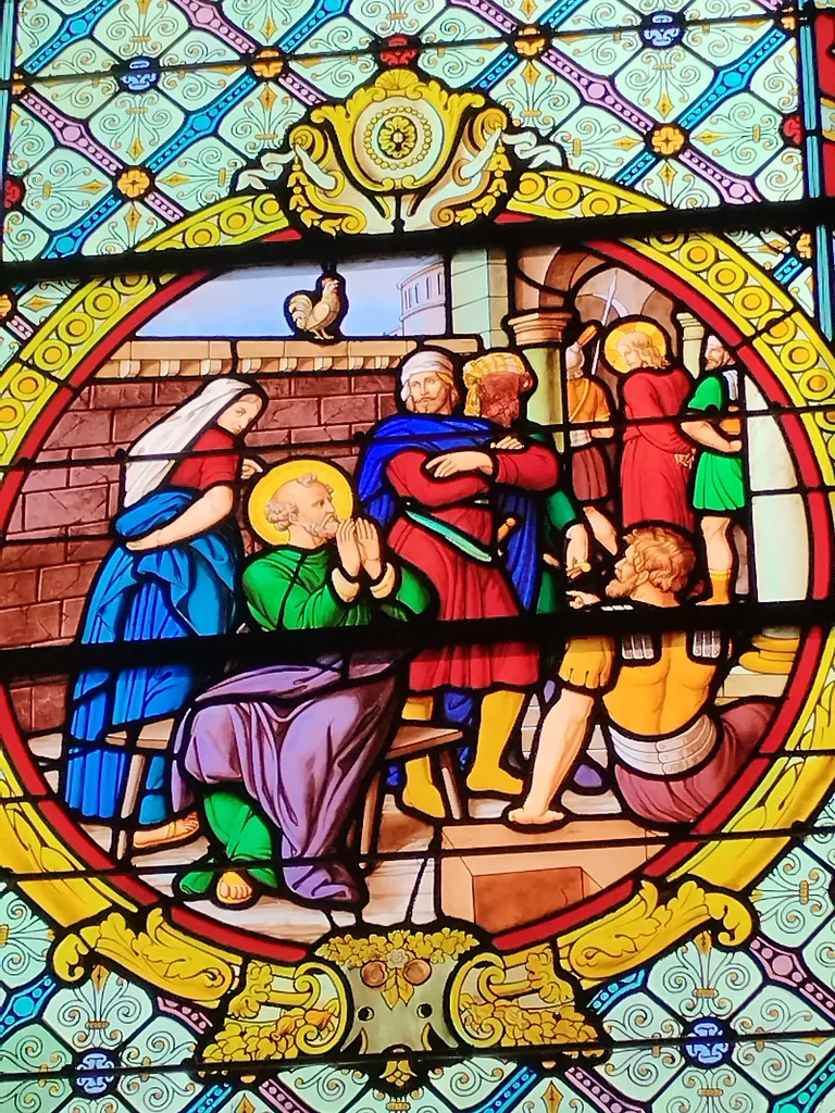 Vitrail Baie Rencontre de St-Pierre et St-Paul sur le chemin du supplice dans l'Église St-Pierre de Saint-Pierre-Église